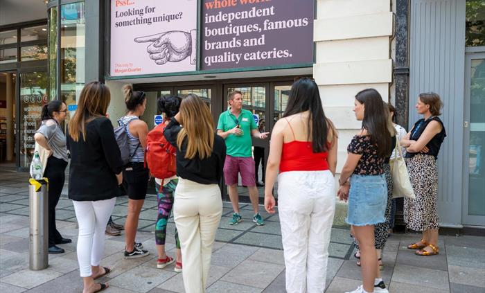 Cardiff city walking tour group on The Hayes in central Cardiff